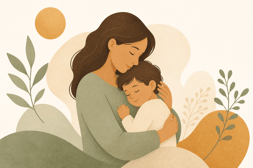A calm mother embracing her child